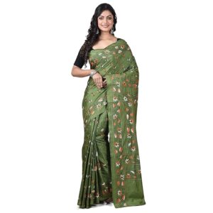 handloom silk kantha stitch border saree